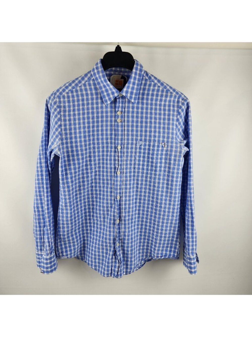 HUGO BOSS ORANGE Shirt Mens Large White Blue Checks Long-Sleeve Button-up
